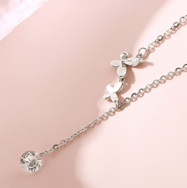 O - Butterfly Crystal 925 Sterling Silver Choker Necklace Pendant Gift Birthday Wedding Jewelry