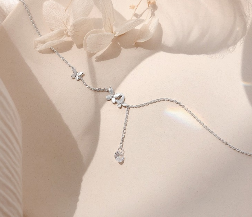 O - Butterfly Crystal 925 Sterling Silver Choker Necklace Pendant Gift Birthday Wedding Jewelry