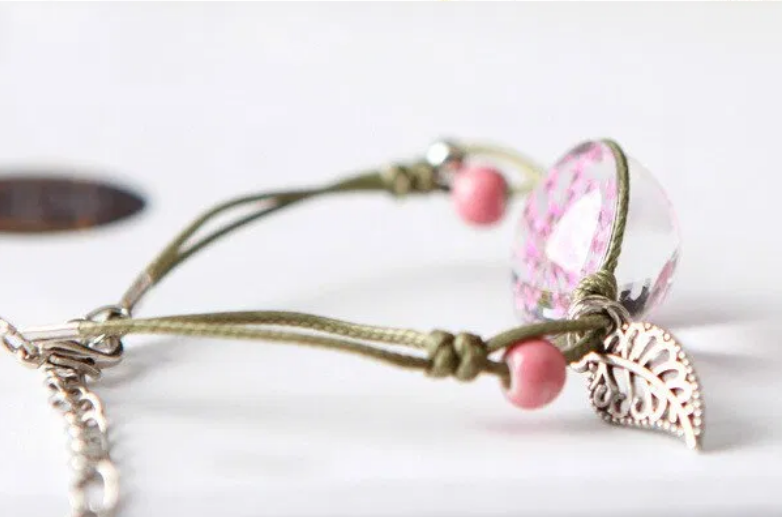 Z - Real Flower Glass Resin bead Preserved Dry Flowers Adjustable Bracelet Boho Friendship Gifts