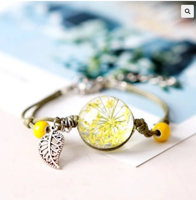 Z - Real Flower Glass Resin bead Preserved Dry Flowers Adjustable Bracelet Boho Friendship Gifts