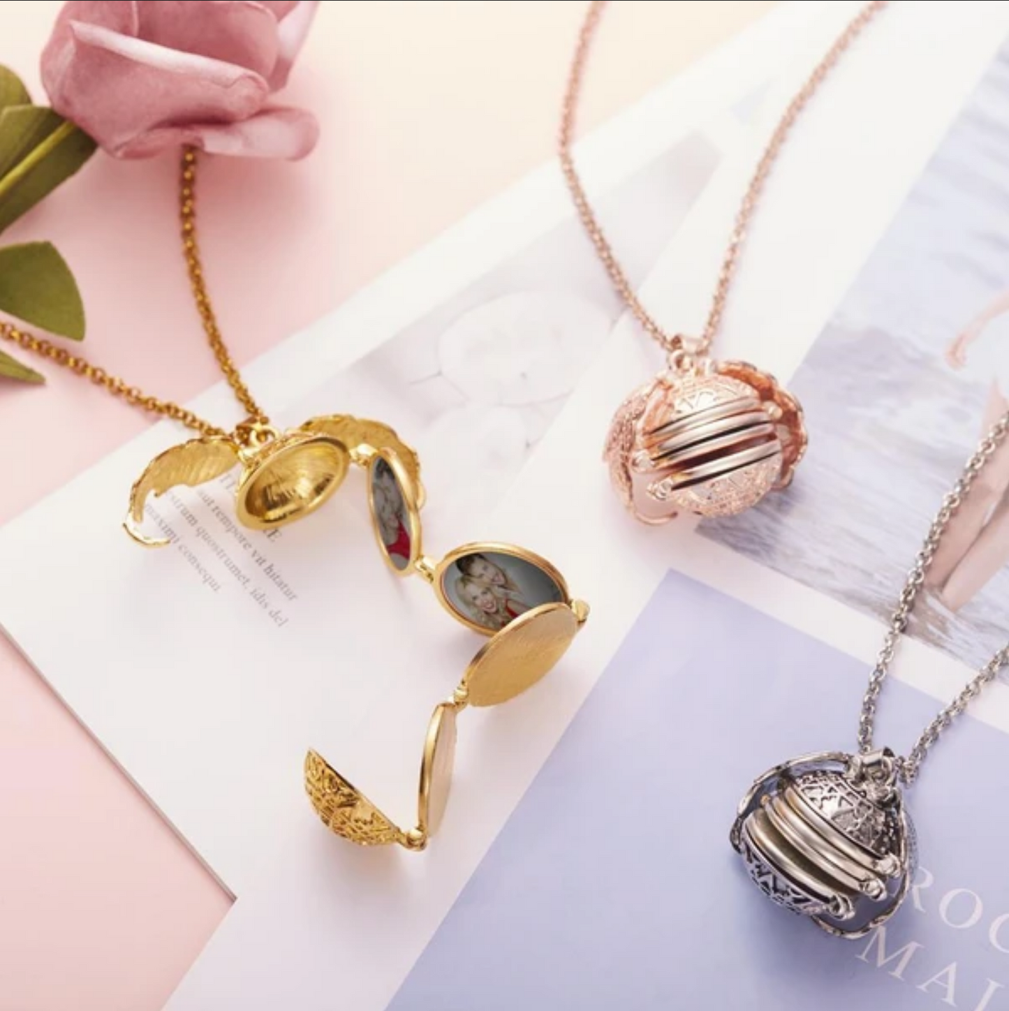 O - Expanding Photo Locket Angel Wings Ball Pendant Necklace 4-8 photos Rose Gold Silver Rainbow Gift