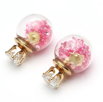 N - Real Dry Flower & Crystals in Glass Bead Earrings Reversible Crystal flowers Gift