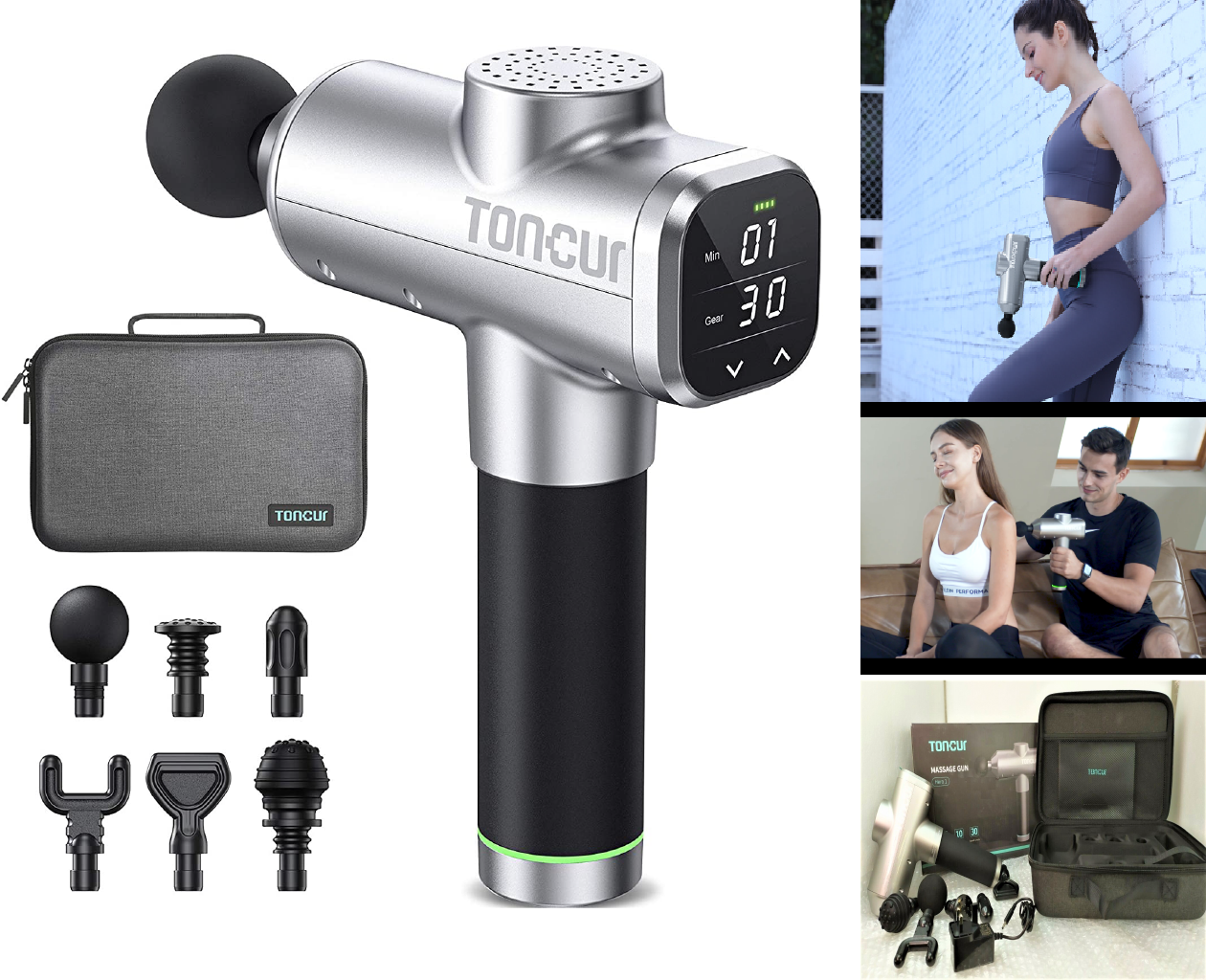 Toncur Hero 1 Model 30 speed Wireless Rechargeable Sports Massager 30W 3200rpm Fitness Gun Massager 6 heads Case