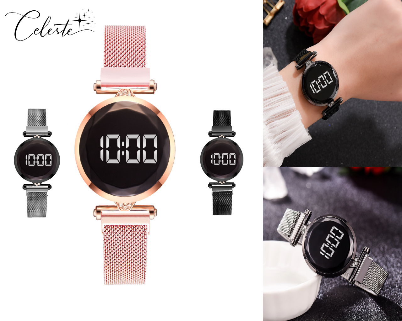 Circular Diamond Crystal Digital Watch Adjustable Stainless Steel Bracelet Rose Gold, Black and Silver