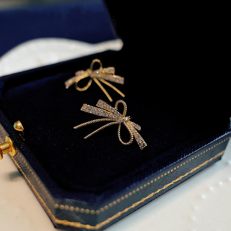 A - Bow Knot Crystal Rhinstone Earrings 925 Sterling Silver Post Gold Dainty Earring Jewellery Gift