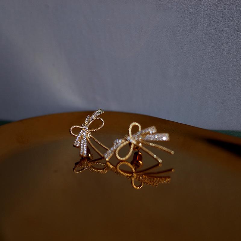 A - Bow Knot Crystal Rhinstone Earrings 925 Sterling Silver Post Gold Dainty Earring Jewellery Gift