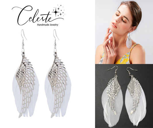Z - Angel Feather Earrings Silver Real Feathers Bohemian Handmade  Long Drop Earrings Jewelry Gift