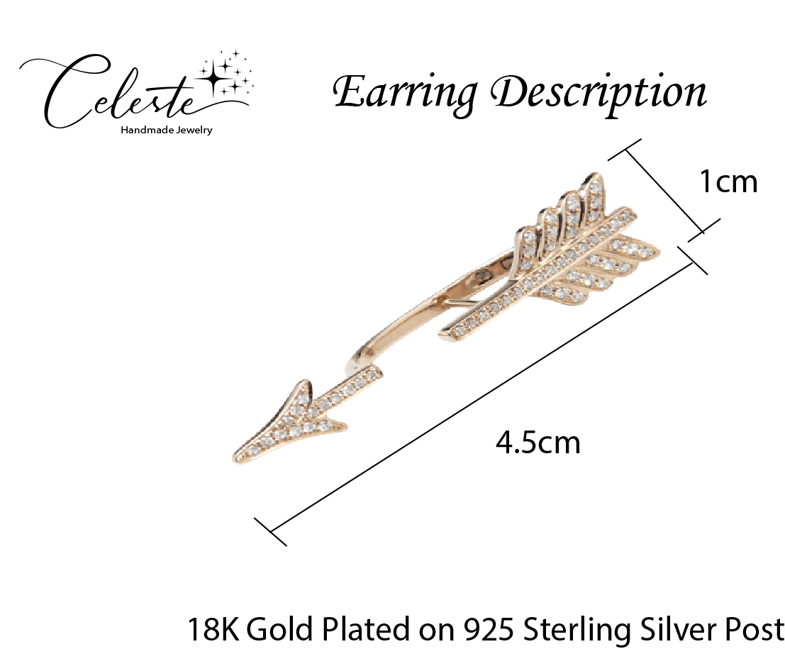 A - Bow Arrow Earring 18K Real Gold Plated 925 Silver Post Diamond Cubic Zirconia For Women