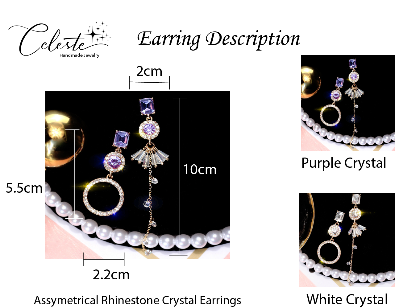 E - Asymmetrical Crystal Earrings Purple White Rhinstone Earring Silver Alloy Fashion Gift