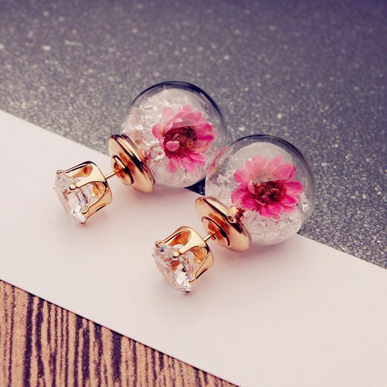 N - Real Dry Flower & Crystals in Glass Bead Earrings Reversible Crystal flowers Gift