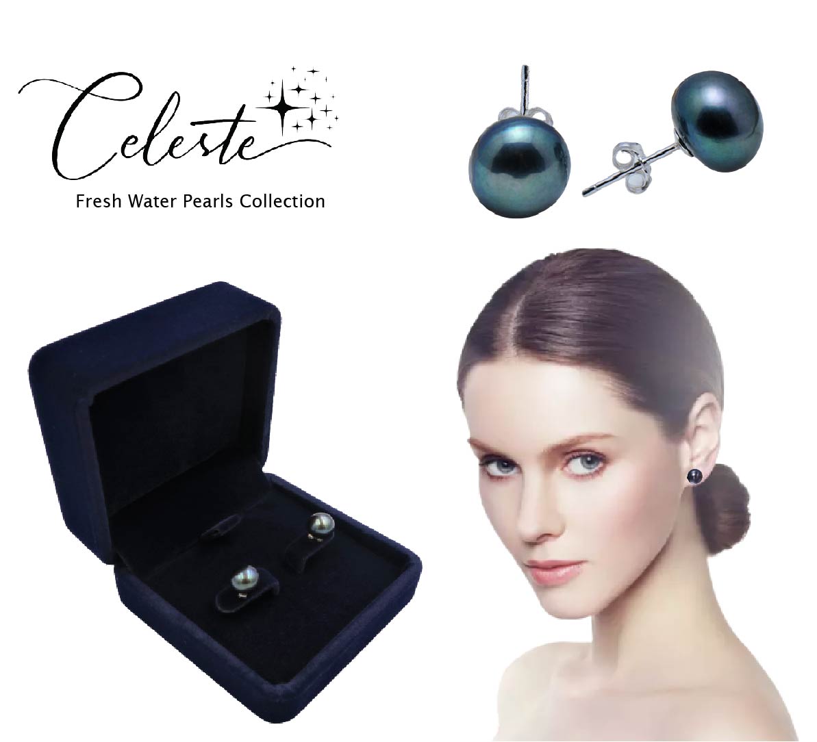 PD - Real Pearl Earrings Celeste Collections Black Peacock Pearls Earring 925 Sterling Silver gift box