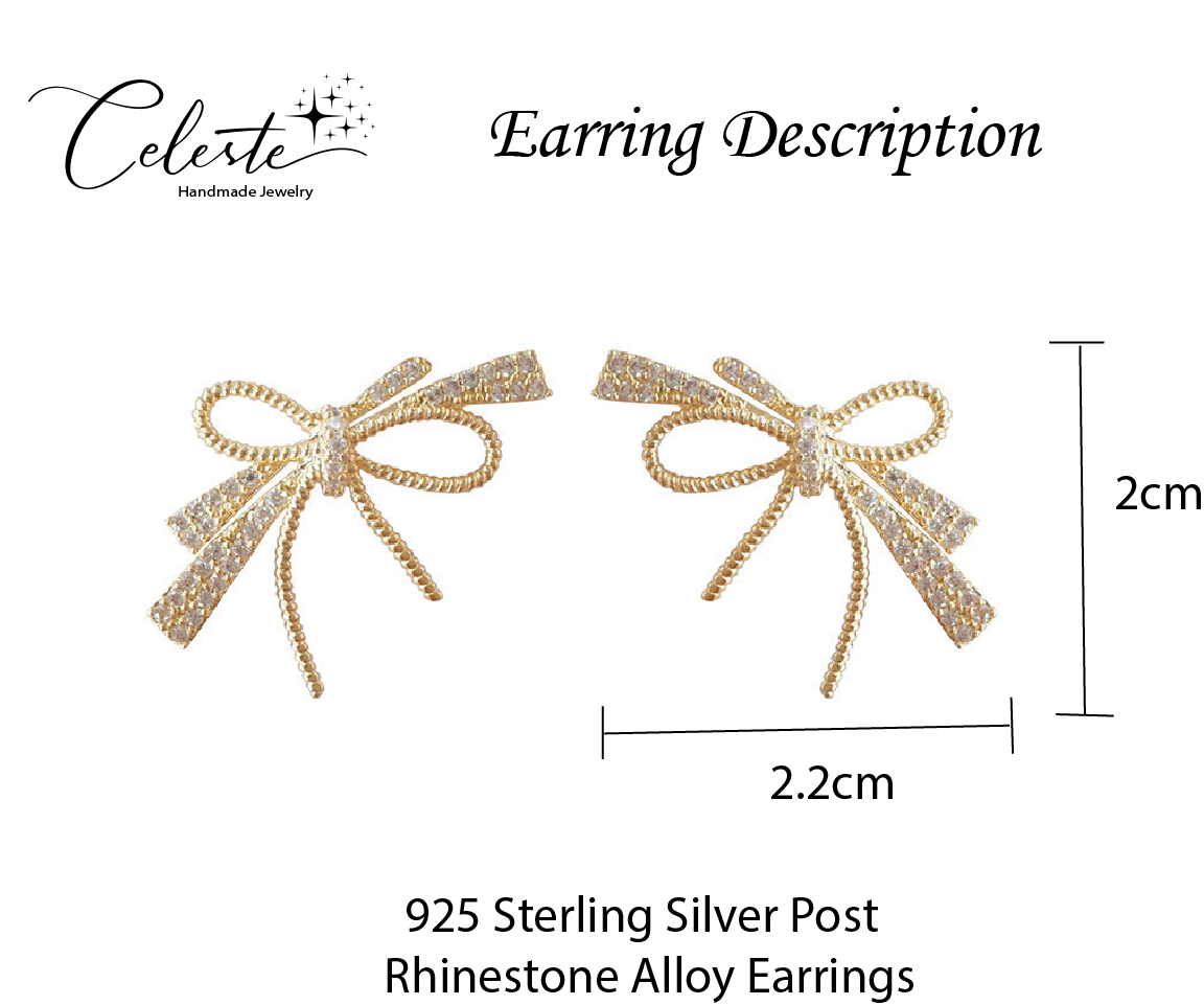 A - Bow Knot Crystal Rhinstone Earrings 925 Sterling Silver Post Gold Dainty Earring Jewellery Gift