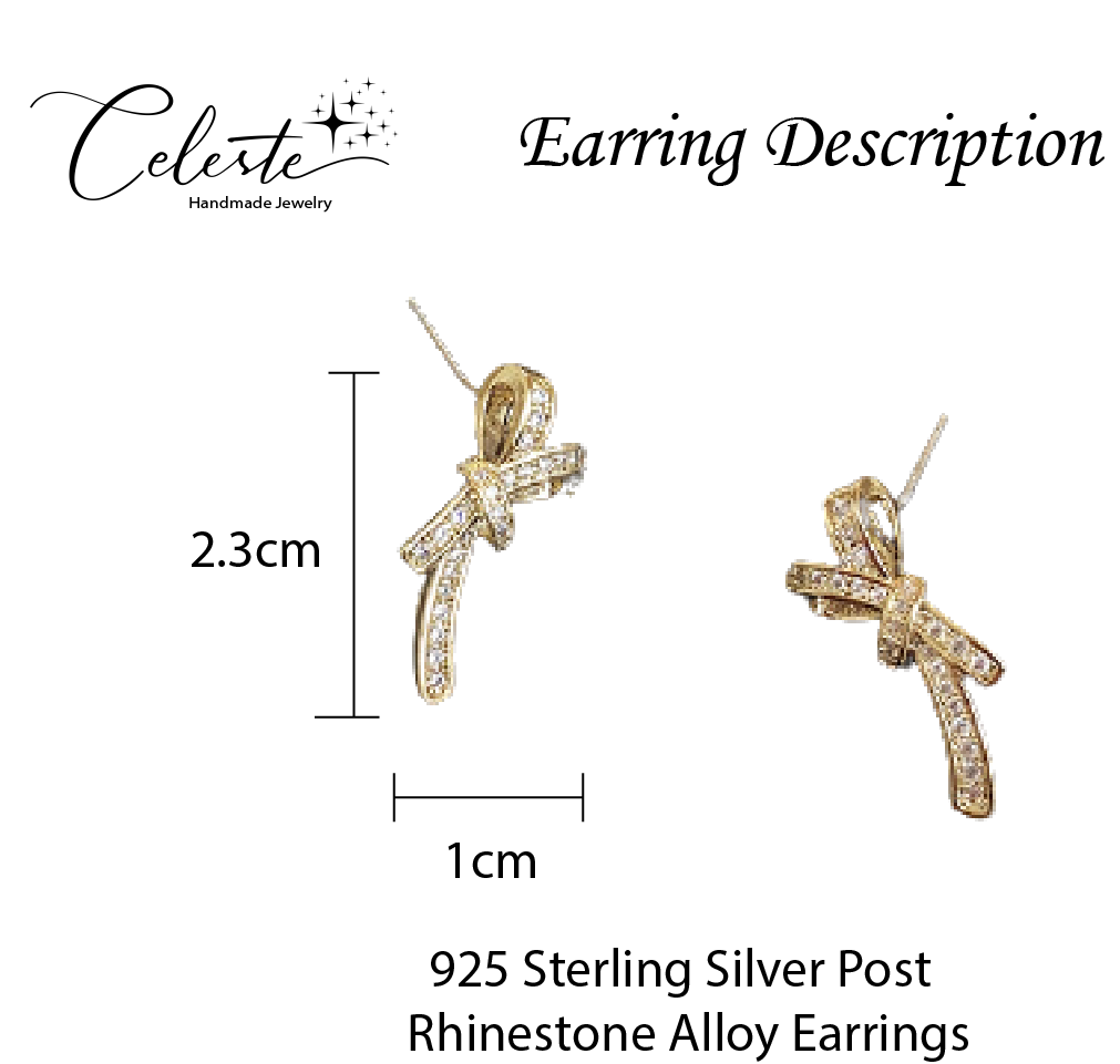 K - Crystal Bow Knot Rhinstone Earrings 925 Sterling Silver Post Gold Dainty Earring Jewellery Gift