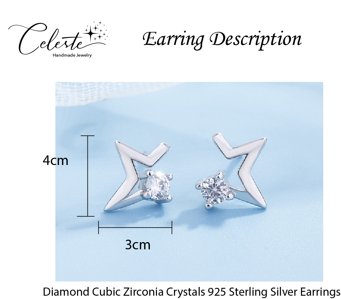 F - Diamond Stars Cubic Zirconia Earrings 925 Sterling Silver Earring