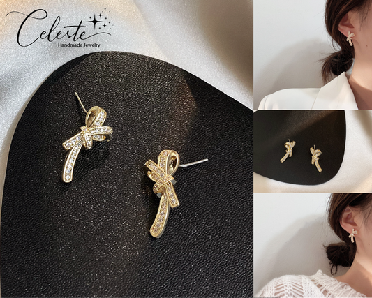 K - Crystal Bow Knot Rhinstone Earrings 925 Sterling Silver Post Gold Dainty Earring Jewellery Gift