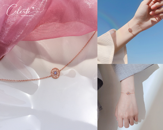 M - Rose Gold Circle Flower Blue Crystal Adjustable Bracelet 925 Sterling Silver