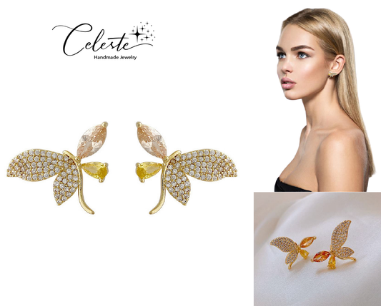 Butterfly Crystal Rhinstone Earring Gold Alloy Stud Earrings Yellow Stone Wings