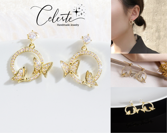 D - Gold Circle Butterfly Earrings 925 Sterling Silver Post Crystal Cubic Zirconia Earring Gift