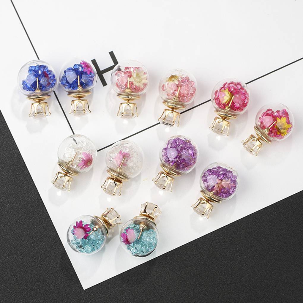 N - Real Dry Flower & Crystals in Glass Bead Earrings Reversible Crystal flowers Gift