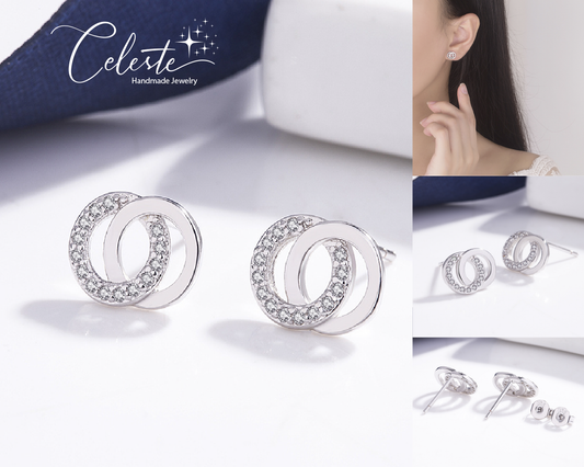 E - Silver Interlocking Circles Diamond Cubic Zirconia Earrings 925 Sterling Silver Dainty Earring Jewellery Gift