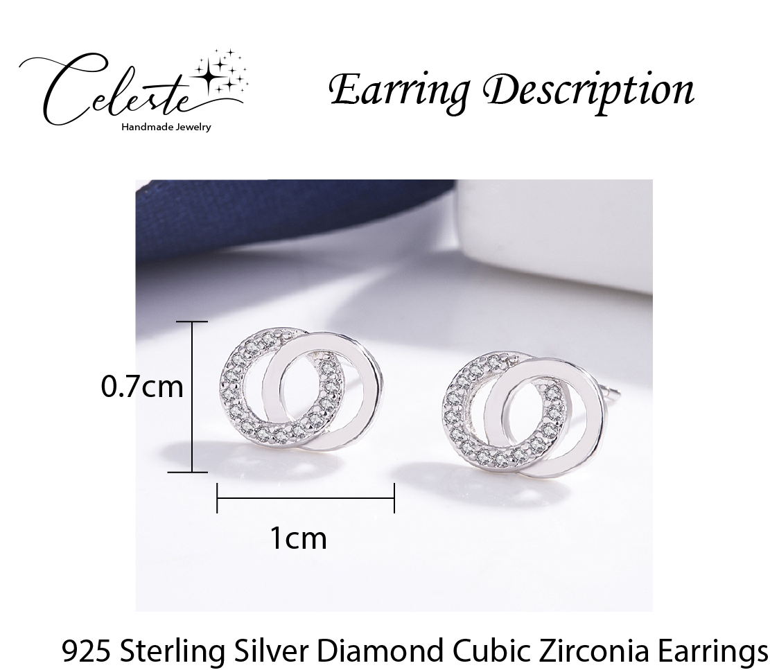 E - Silver Interlocking Circles Diamond Cubic Zirconia Earrings 925 Sterling Silver Dainty Earring Jewellery Gift