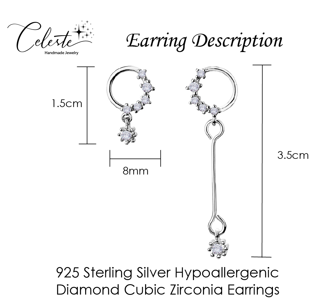 H - Diamond Moon & Stars Cubic Zirconia Asymmetrical Earrings 925 Sterling Silver Hypoallergenic Earring Gift