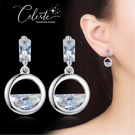 F - Circle Diamond Crystal 925 Sterling Silver Cubic Zirconia Dangle Earrings Gift
