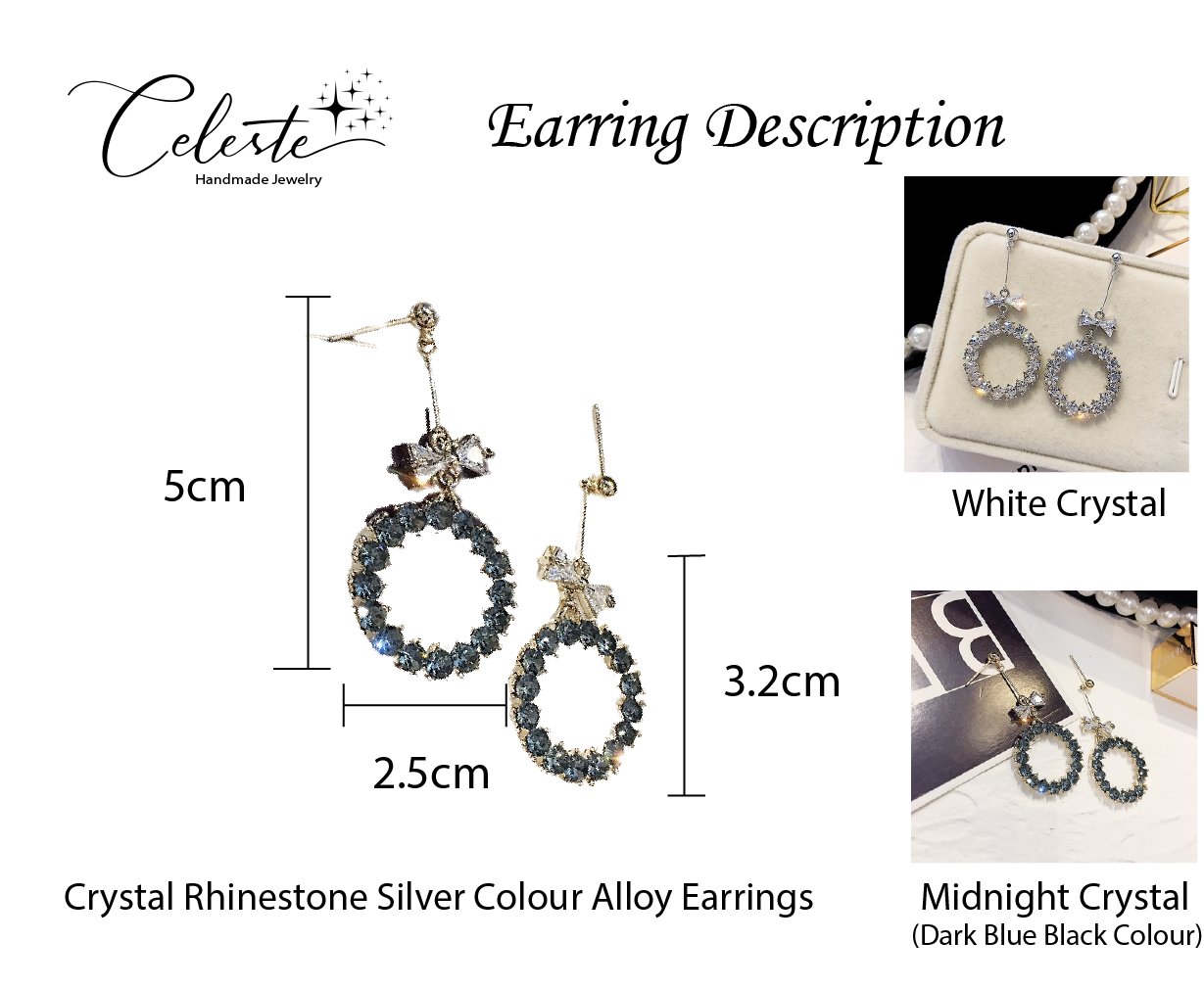 D - Circle Bow Crystal Rhinestone Earrings Silver and Black Drop Dangle Fashion earring Gift