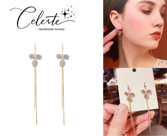 J - Crystal Flower Dangle long Earring Diamond Cubic Zirconia Crystal Gold Alloy Earring Gift