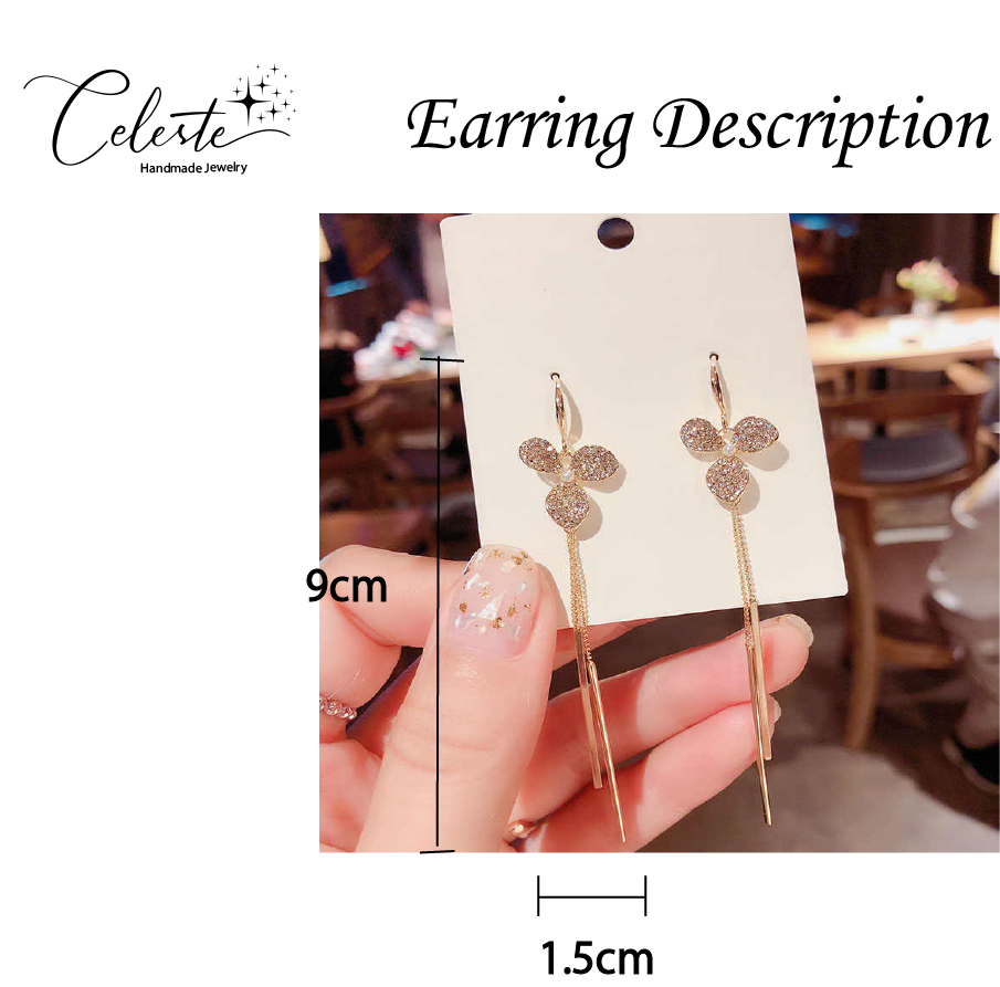 J - Crystal Flower Dangle long Earring Diamond Cubic Zirconia Crystal Gold Alloy Earring Gift