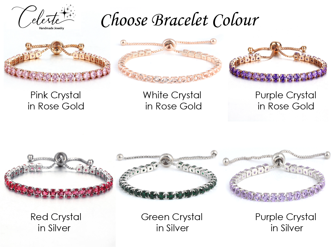 B - Crystal Adjustable Tennis Bracelets White Purple Red Green Pink in Silver & Rose Gold Alloy Gift