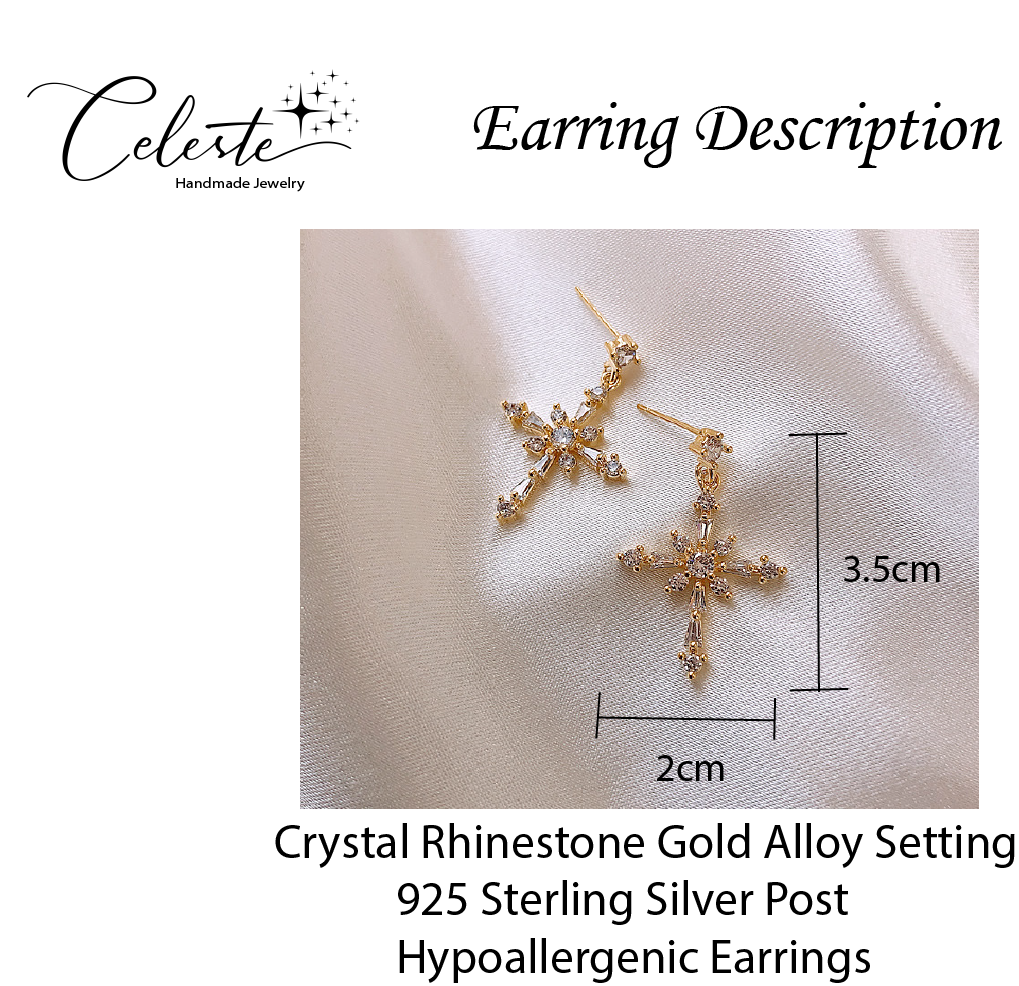 D - Crystal Cross Earrings 925 Sterling Silver Post Hypoallergenic Earring Drop Dangle Gift