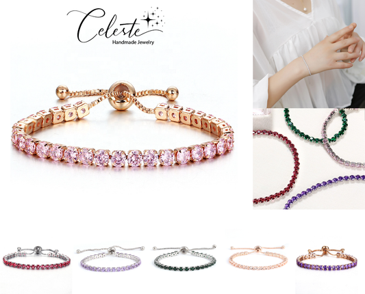 B - Crystal Adjustable Tennis Bracelets White Purple Red Green Pink in Silver & Rose Gold Alloy Gift