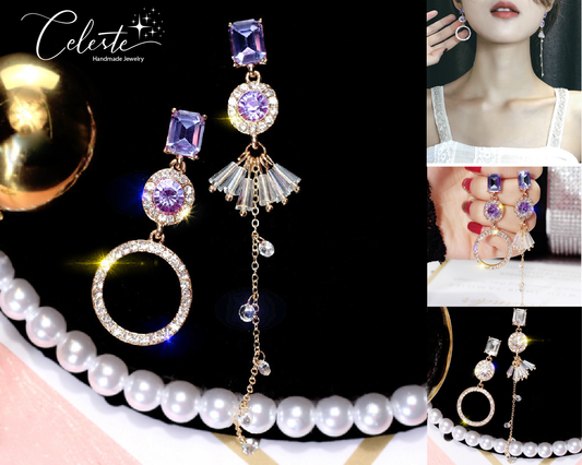 E - Asymmetrical Crystal Earrings Purple White Rhinstone Earring Silver Alloy Fashion Gift