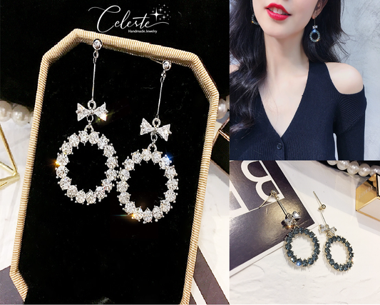 D - Circle Bow Crystal Rhinestone Earrings Silver and Black Drop Dangle Fashion earring Gift