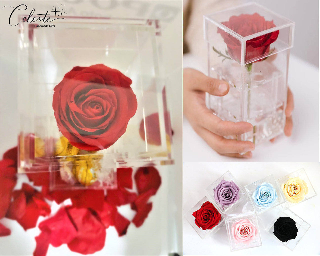 Crystal Real Rose Handmade Preserved Flower Acrylic Jewellery Chocolate Box Gift