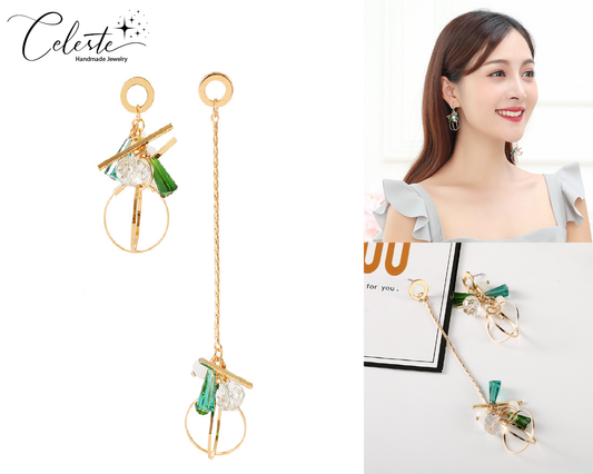 Z - Asymmetrical Circle Geometric Long Crystal Gold Alloy Drop Earrings Rhinestone Fashion Earring Gift