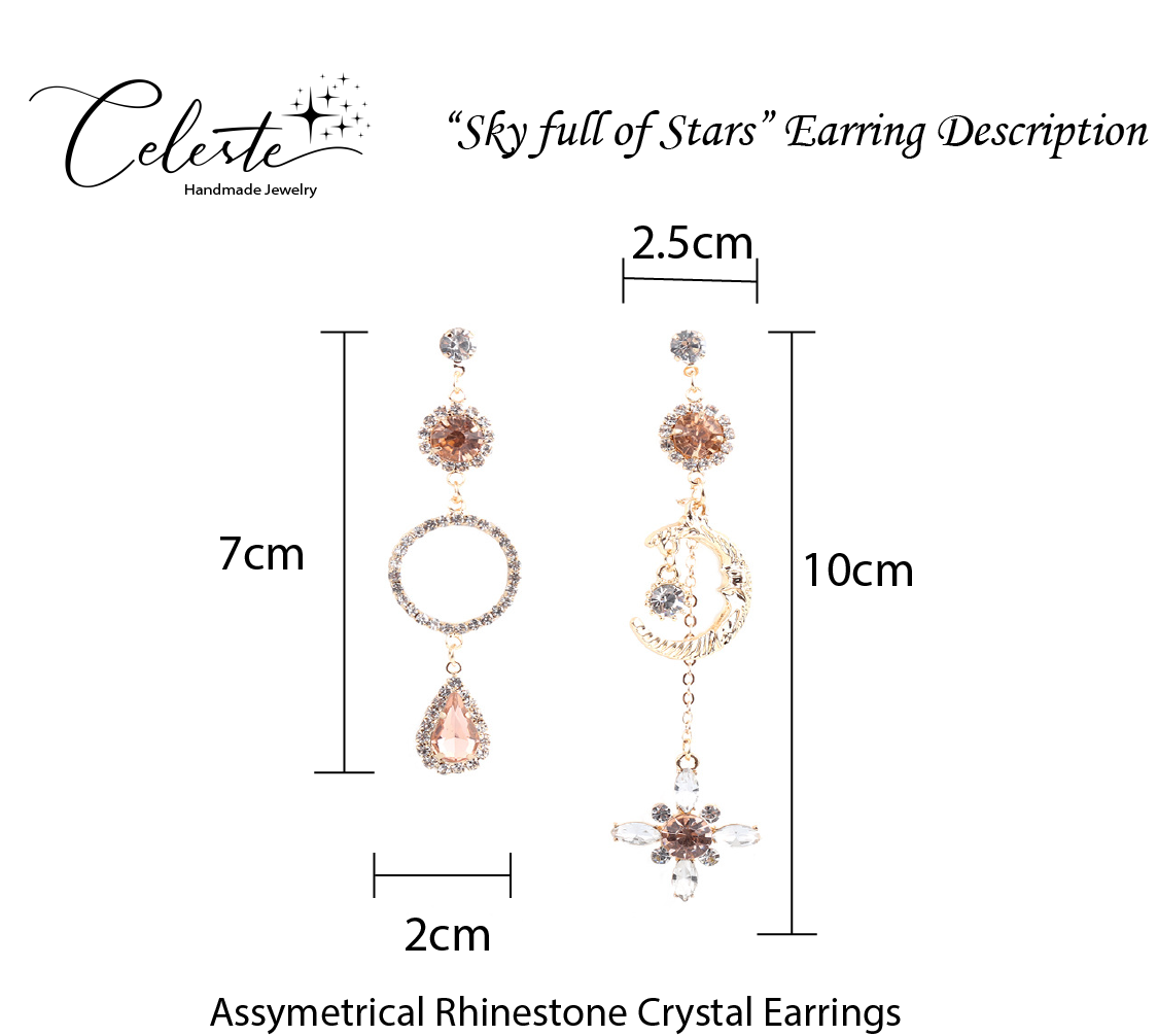 J - Asymmetrical Celestial Crystal Earrings Moon Stars Gold Alloy Rhinestone Fashion Earring Gift