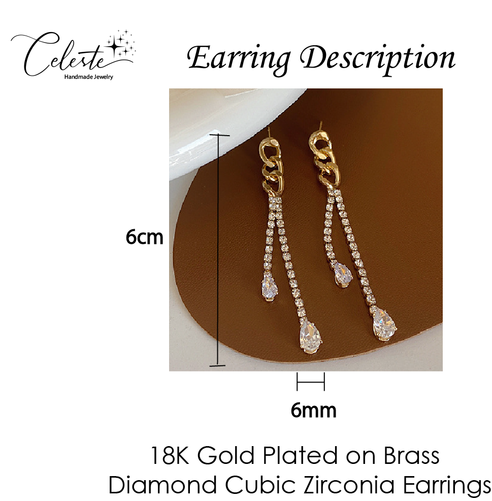 A - 18K Gold Plated Double Diamond Cubic Zirconia Chain Earring Drop Gift