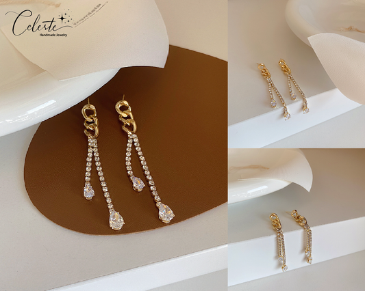 A - 18K Gold Plated Double Diamond Cubic Zirconia Chain Earring Drop Gift