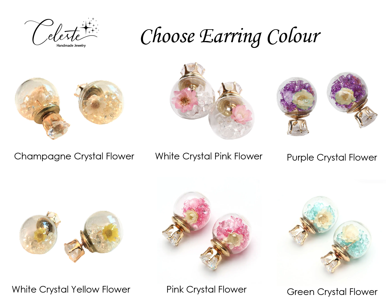 N - Real Dry Flower & Crystals in Glass Bead Earrings Reversible Crystal flowers Gift