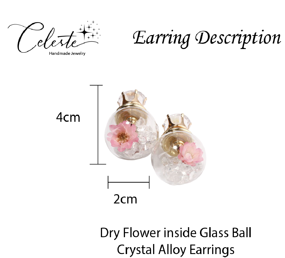 N - Real Dry Flower & Crystals in Glass Bead Earrings Reversible Crystal flowers Gift