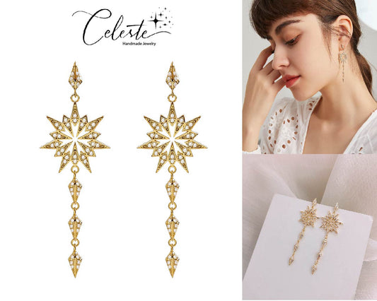 A - Sun Star Burst Earrings Gold Dangle Drop Diamond Cubic Zirconia 925 Sterling Silver Earring Gift