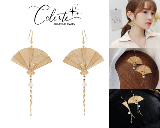 A - Gold Fan Phoenix Dangle Drop Earrings Fashion Jewellery Handmade Earring Gift