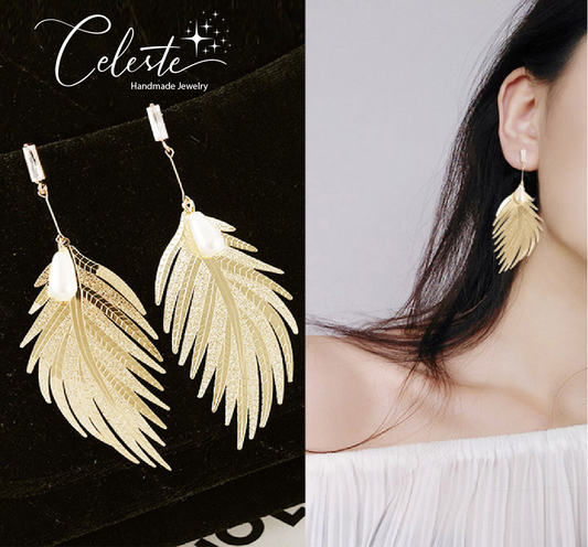 Z - Gold Feather Fashion Pearl Earrings Rhinstone Feathers Drop Dangle Earring Gift