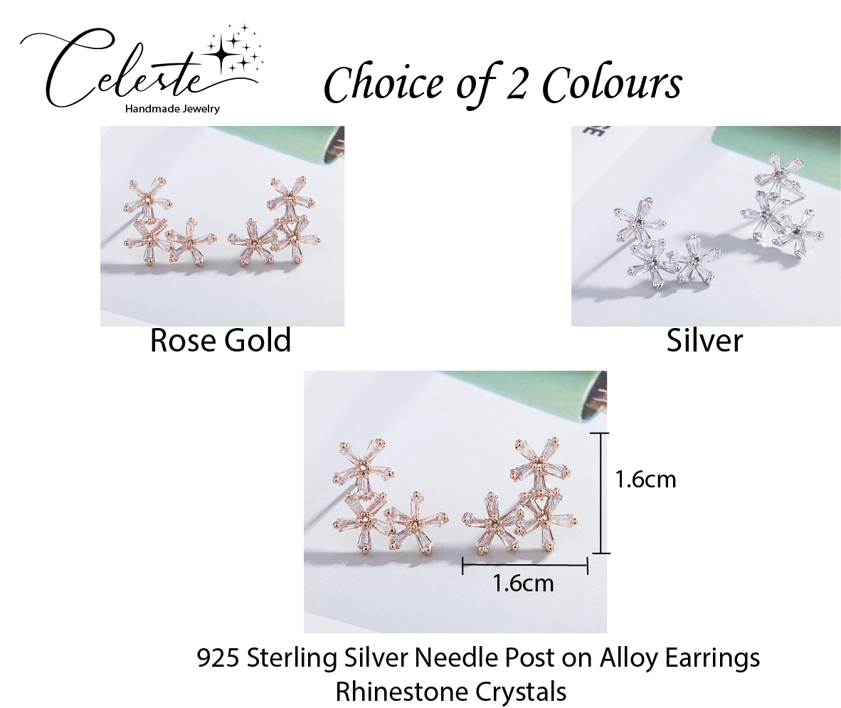 E - Flower Diamond Crystal 925 Sterling Silver Cubic Zirconia Stud Earrings Gift