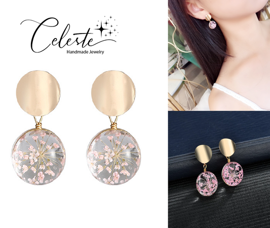 F - Pink Fireworks Real Flower Glass Pearl Gold Drop Earrings Fashion Jewellery Gift