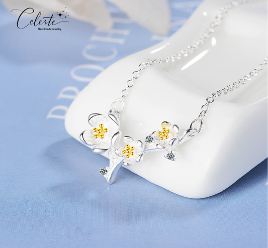 I - Cherry Blossom Flower on Branch 925 Sterling Silver Necklace