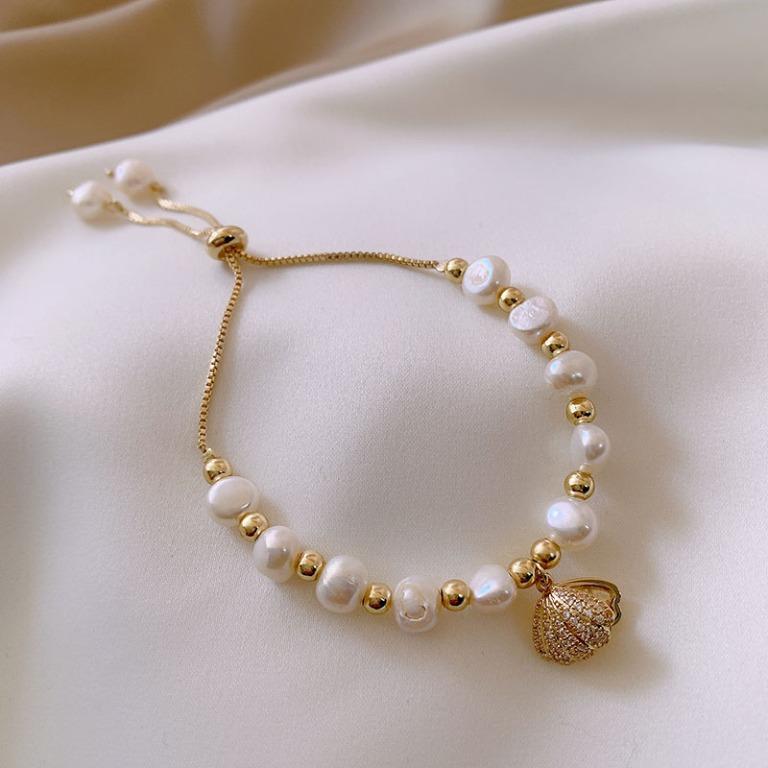 PL - Seashell Charm Gold Real Pearls White Crystal Charm Bracelet Cubic Zirconia Girls Women Gift