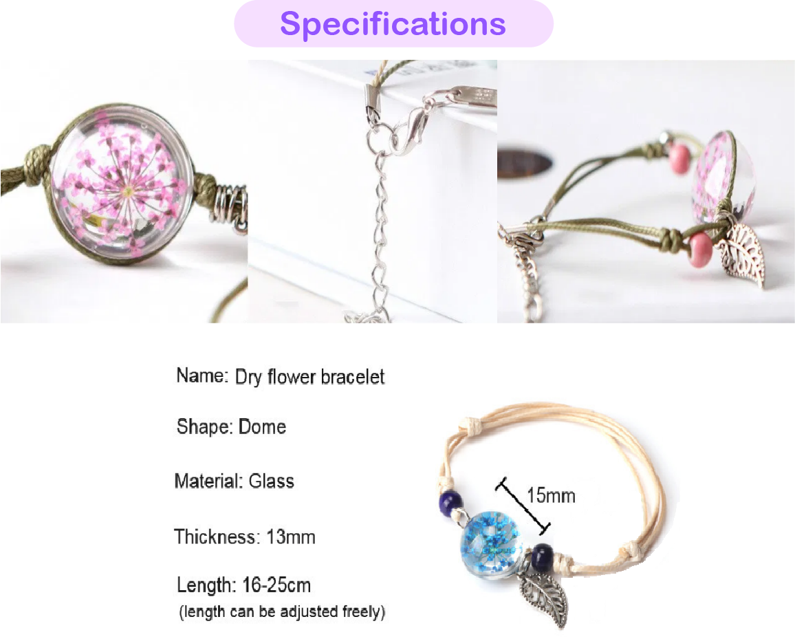 Z - Real Flower Glass Resin bead Preserved Dry Flowers Adjustable Bracelet Boho Friendship Gifts